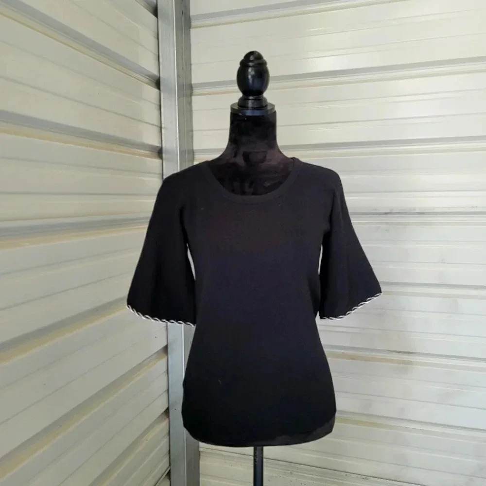 Ann Taylor Womens Knit Top Size S Bell Short Sleeve Stretch Sweater Black White